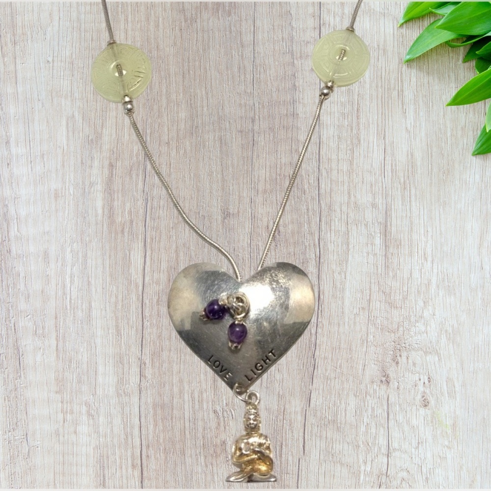 Carole Meltzer Sterling Silver Heart Jade & Amethyst Toggle Necklace, 18”-20” - Picture 1 of 6